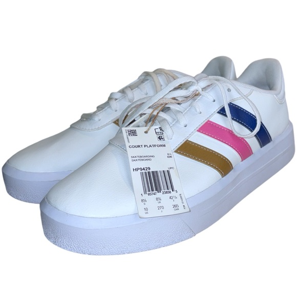 Adidas Women's White Sneakers with Pink, Blue, and Gold Stripes - Picture 9 of 16